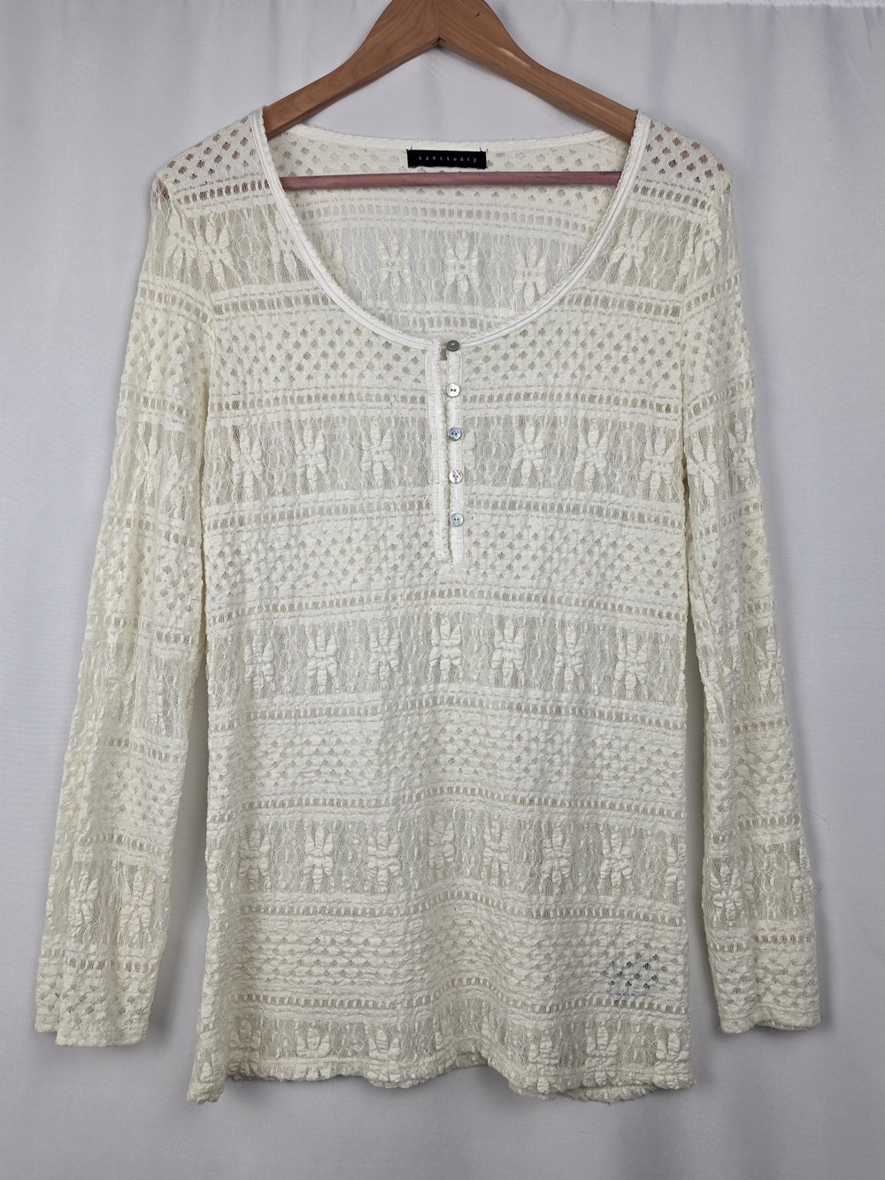 Sanctuary Ivory Lace Henley Top Long Sleeve Sheer Boho Romantic Y2K